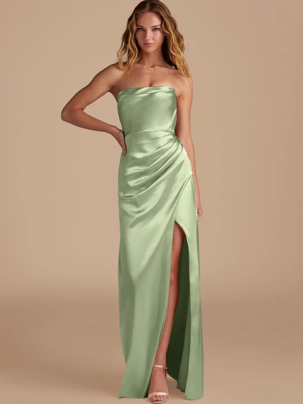Never Been Worn Sage Green Satin Strapless Draped Evening Gown